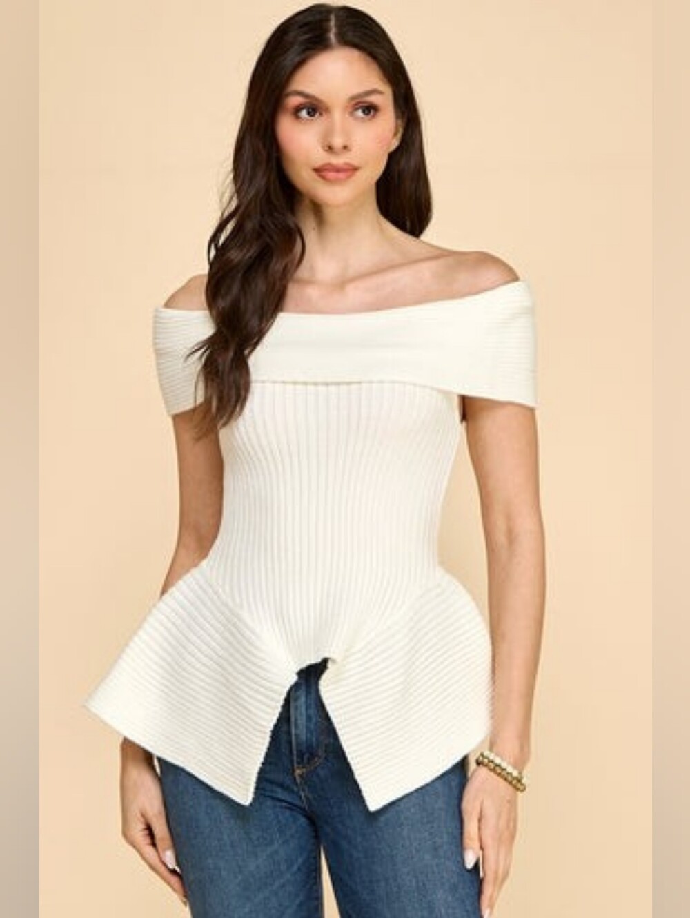 Hers And Mine Off-Shoulder Ribbed Peplum Sweater Top - Cream